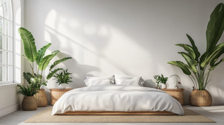 A serene bedroom scene featuring a white bed, minimalistic decor, and lush green plants, creating a relaxing and inviting atmosphere filled with natural light.の素材