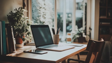 A bright and inviting home office scene featuring a laptop on a wooden table, surrounded by green plants and warm sunlight, ideal for enhancing productivity and creativity.の素材