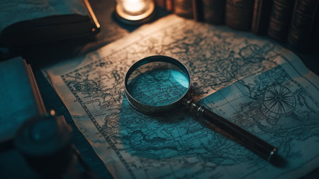 A vintage map accompanied by a magnifying glass sits on a rustic table, illuminated by soft candlelight, creating an inviting atmosphere for exploration and discovery.の素材