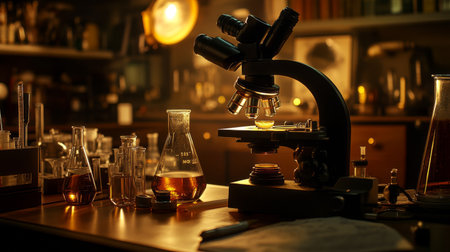 This image captures a detailed microscope on a laboratory table, surrounded by various glassware and equipment, creating a warm and inviting atmosphere for scientific research.の素材