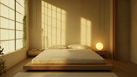 A tranquil minimalist bedroom featuring a plush bed and soft tones, illuminated by warm sunlight through large windows, creating a serene and inviting atmosphere.の素材