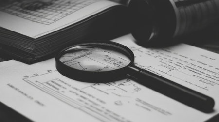 A captivating black and white image featuring a magnifying glass resting on an open textbook and scientific papers, emphasizing deep learning and meticulous examination.の素材