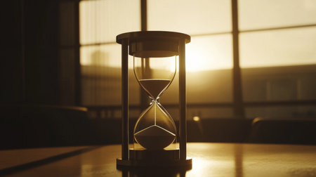 An artistically captured hourglass bathed in soft sunlight, representing the beauty of time passing. Ideal for themes of reflection, tranquility, and nostalgia in modern design.の素材