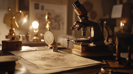 A captivating vintage laboratory setting showcasing an antique microscope, illuminated workspace, and detailed maps, evoking a sense of scientific exploration and historical research.の素材