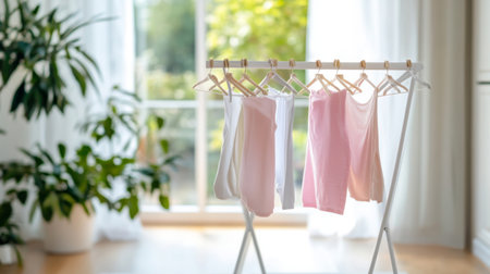 A serene interior featuring soft pastel laundry hanging on a drying rack, illuminated by natural light, enhancing a fresh and tranquil home atmosphere.の素材