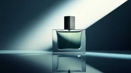A beautiful glass perfume bottle stands elegantly on a reflective surface, illuminated by soft lighting that creates a striking play of shadows, enhancing the allure of the fragrance inside.の素材