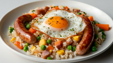 A mouthwatering serving of fried rice topped with a sunny-side-up egg and juicy sausages, accompanied by vibrant vegetables, ideal for culinary showcases or food lovers.の素材