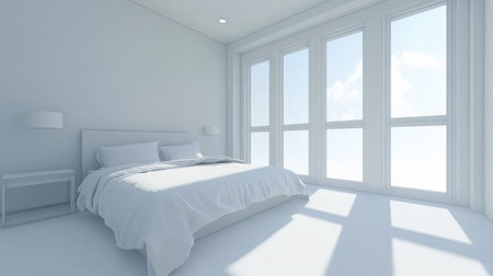 Bright and airy bedroom showcasing minimalist design, with large windows providing ample natural light. Perfect setting for relaxation and tranquility.の素材
