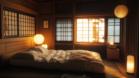 Experience tranquility in a traditional Japanese bedroom featuring a futon, soft lighting, and serene decor, perfect for relaxation and peaceful moments.の素材