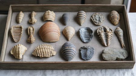 A beautiful arrangement of diverse seashells set against a soft beige fabric in a wooden tray, capturing the elegance of nature's treasures from coastal regions.の素材