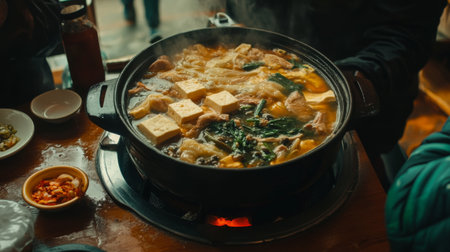 A steaming hot pot filled with a mix of fresh tofu, leafy vegetables, and assorted meats, perfect for a cozy dining experience shared among friends or family.の素材