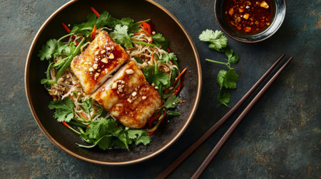 A beautifully arranged grilled fish fillet served over vibrant noodles and fresh vegetables, topped with herbs and a rich sauce, perfect for food lovers.の素材