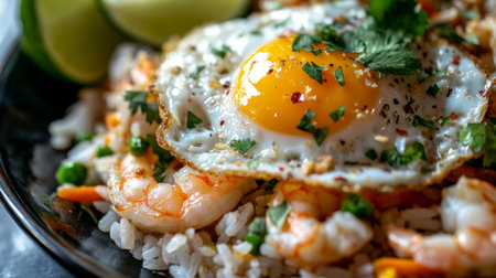 Indulge in this vibrant dish of shrimp fried rice, topped with a perfectly fried egg. Fresh greens and lime add flavor, making it an ideal choice for food photography enthusiasts.の素材