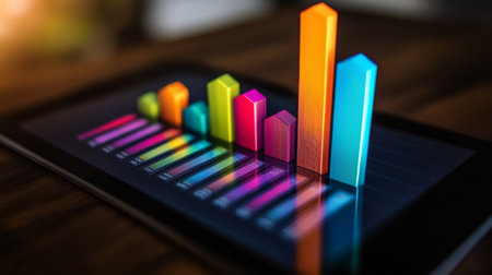 A vibrant 3D bar graph on a tablet screen showcases data growth and analysis. The colorful bars illustrate trends and insights in a modern digital workspace.の素材
