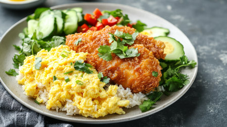 A vibrant plate featuring crispy fried chicken, fluffy scrambled eggs, and fresh vegetables creates a visually appealing and delicious meal idea for any occasion.の素材