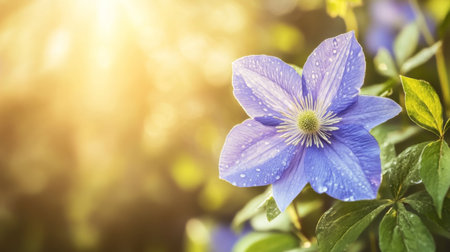 A stunning closeup of a blue flower glistening with raindrops under gentle sunlight. This image captures the essence of natureの素材