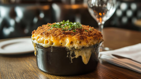 Indulge in a rich and creamy baked macaroni and cheese served in a rustic cast iron dish, topped with a golden crust and sprinkled with fresh herbs, perfect for any comfort food lover.の素材