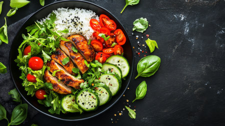 A vibrant chicken salad bowl featuring grilled chicken strips, fresh greens, cherry tomatoes, sliced cucumbers, and fluffy rice, perfect for a nutritious meal.の素材