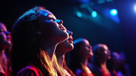 A group of young singers performing passionately on stage under vibrant spotlights, showcasing emotion and dedication in their music. A captivating moment in a live performance.の素材