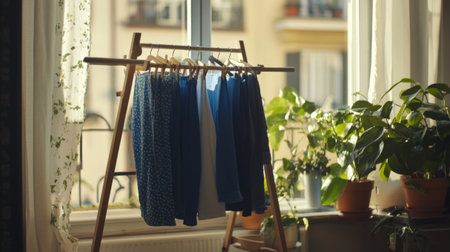 Clothes in shades of blue and white hang gracefully on a wooden rack by a sunlit window, surrounded by lush houseplants, creating a serene and cozy indoor atmosphere.の素材