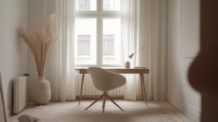 A serene minimalist home office featuring a stylish desk, comfortable chair, and soft natural light filtering through sheer curtains, creating a perfect workspace atmosphere.の素材