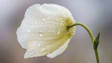 A stunning close-up view of a white flower adorned with glistening water droplets, showcasing nature's beauty and tranquility after rainfall under soft lighting.の素材