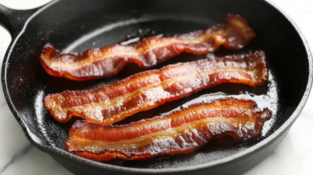 A close-up view of crispy bacon strips sizzling in a cast iron skillet, showcasing the golden edges and delicious aroma, ideal for breakfast or savory dishes.の素材