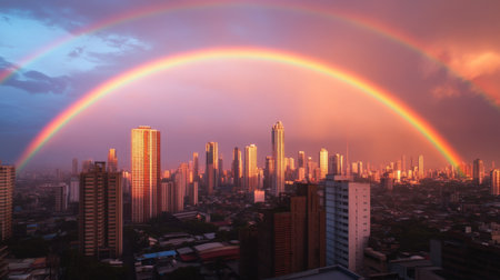 A breathtaking view of a city skyline with a vibrant double rainbow arching over the buildings at dusk, creating a stunning contrast with the colorful sky and serene atmosphere.の素材