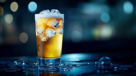 A frosty glass of golden beer filled with ice cubes sits on a dark surface, surrounded by droplets, creating a refreshing focal point perfect for any beverage lover.の素材