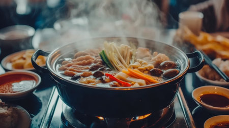 A mouthwatering hot pot simmering with steam, featuring an array of fresh vegetables and meats, ideal for a warm meal shared among friends in a vibrant restaurant.の素材