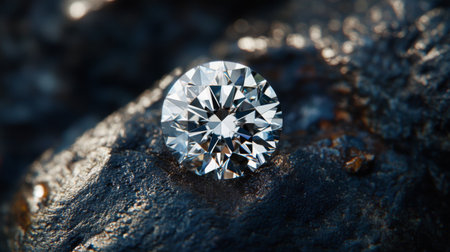 A captivating close-up image of a round cut diamond showcasing its brilliant facets and sparkling reflections, set against a dark, textured background that accentuates its beauty.の素材