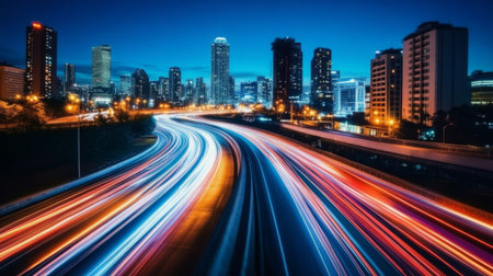 A stunning urban nightscape featuring a vibrant city skyline illuminated by lights and traffic trails, capturing the energy and motion of modern city life.の素材