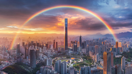 A stunning view of a rainbow arching over a bustling city skyline during sunset, showcasing modern skyscrapers against a backdrop of colorful clouds and nature's beauty.の素材