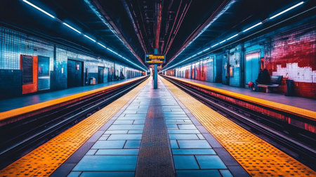 A stunning subway station scene showcasing a vibrant atmosphere with colorful lights and an empty platform, evoking feelings of urban travel and solitude during the night.の素材