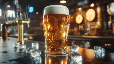 A captivating image of a frosty glass of golden lager with a creamy foam head, sitting on a bar counter surrounded by ice cubes and a warm, inviting atmosphere.の素材