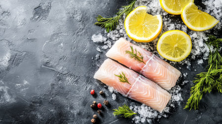 Discover fresh raw fish fillets on a bed of ice, complemented by vibrant lemon slices and aromatic herbs, ideal for creating delicious culinary masterpieces.の素材