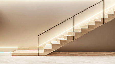 A stunning modern interior showcasing a sleek wooden staircase illuminated by soft lighting, creating a warm and inviting atmosphere in a contemporary space.の素材