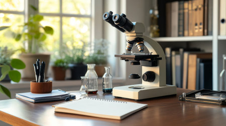 Explore a serene workspace featuring a scientific microscope amidst laboratory tools and plants, symbolizing education, research, and a commitment to discovery in science.の素材