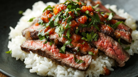 A delicious plate featuring tender grilled steak slices atop fluffy white rice, enhanced with vibrant sauce and fresh herbs, perfect for any meal occasion.の素材