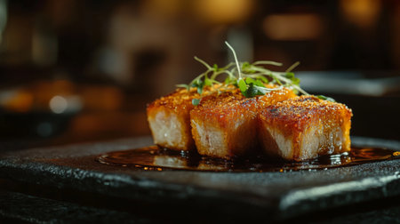 Experience the rich flavors of glazed pork belly presented on a black slate plate, adorned with fresh garnish, perfect for gourmet dining enthusiasts.の素材