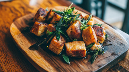 Savory grilled tofu garnished with fresh herbs, elegantly presented on a wooden plate, showcasing a delicious and healthy plant-based dish in a cozy restaurant ambiance.の素材