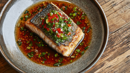 A beautifully presented salmon fillet seared to perfection, garnished with fresh green onions and chili, served in a flavorful sauce on a rustic wooden background.の素材