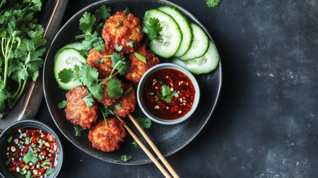 Enjoy a plate of crispy vegetable fritters paired with refreshing cucumber slices and a zesty dipping sauce, ideal for gatherings or casual meals that delight the palate.の素材