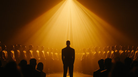 A striking visual of a central figure standing confidently in dramatic light, surrounded by an engaged audience, embodying themes of leadership and unity in a compelling performance setting.の素材