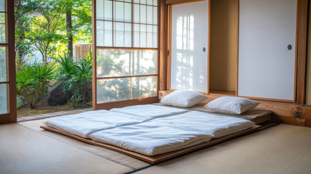 Experience the tranquility of a traditional Japanese tatami room, featuring minimalist bedding and abundant natural light, creating a serene and inviting atmosphere.の素材