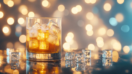 A beautifully crafted glass of whiskey filled with clear ice cubes sits on a reflective surface, radiating warmth against a backdrop of soft glowing lights, perfect for relaxation.の素材