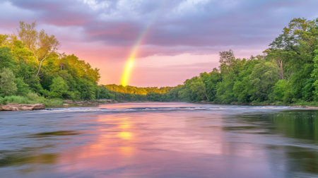 Experience the breathtaking beauty of a rainbow arching over a peaceful river, framed by a lush green forest, showcasing the vibrant colors of nature at sunset.の素材