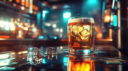 This stunning image showcases a glass of beer with ice, set on a bar counter in a modern pub, highlighting a vibrant and inviting atmosphere for social gatherings.の素材