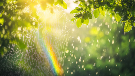 A breathtaking scene capturing dewy spider web glistening in sunlight, with a rainbow arching over a vibrant green forest after rain, creating a serene atmosphere.の素材