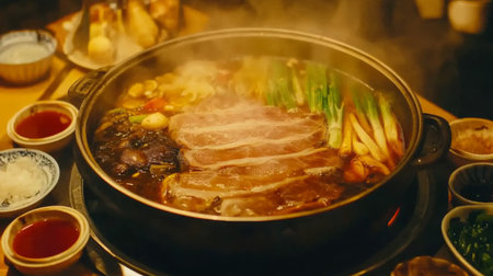 A vibrant hotpot filled with fresh vegetables and succulent slices of meat, emitting steam in a cozy restaurant setting, perfect for a delightful dining experience.の素材